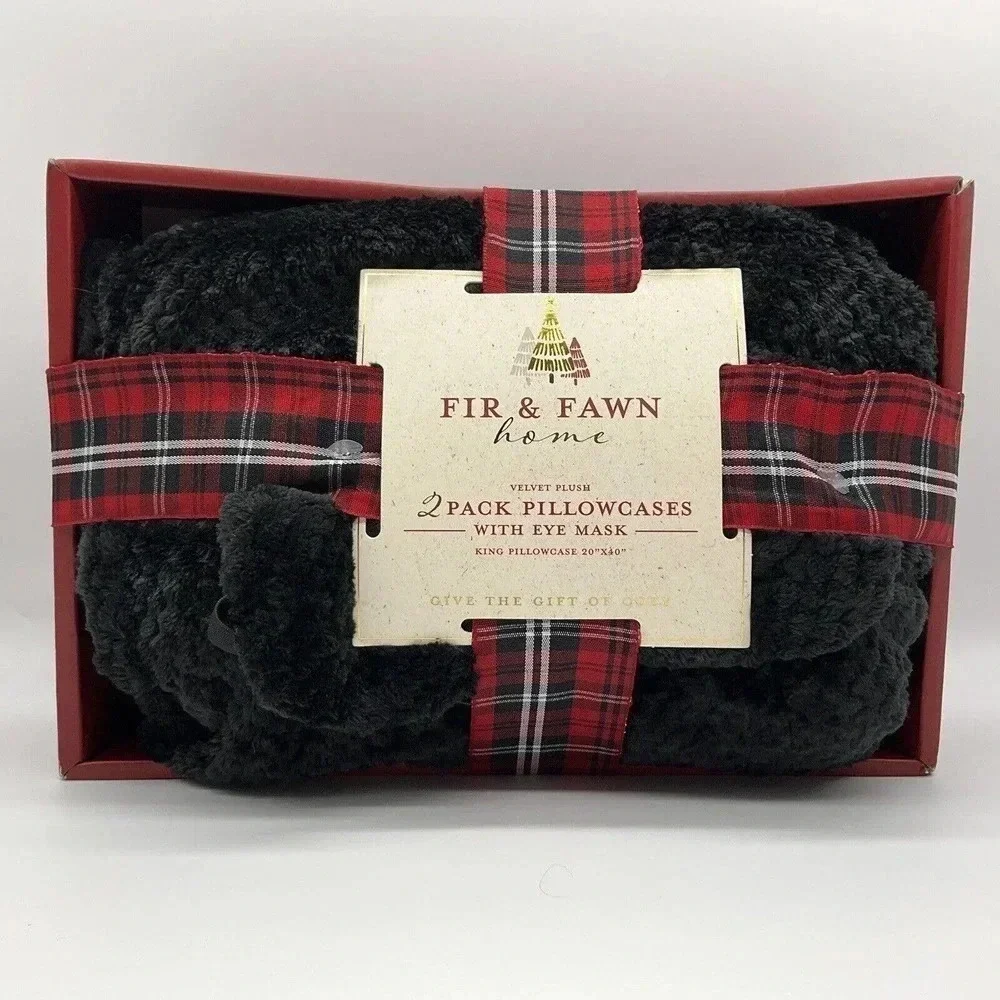 Fir & Fawn Home Black Velvet Plush King Size Pillow Case Set Eye Mask Cozy Gift
